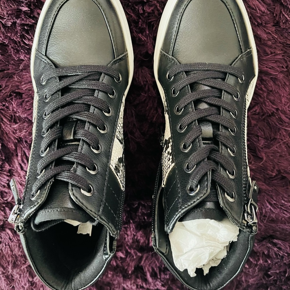 Black Ankle Booties with Side Animal Print Design.